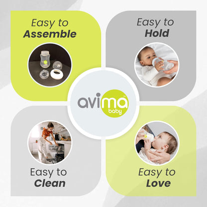 Avima Baby 4 oz Anti Colic Baby Bottles for Breastfed Babies - Slow Flow Nipples, Wide Neck Bottle, BPA Free - Newborn 0-3 Months, Stage 1 (Set of 3)