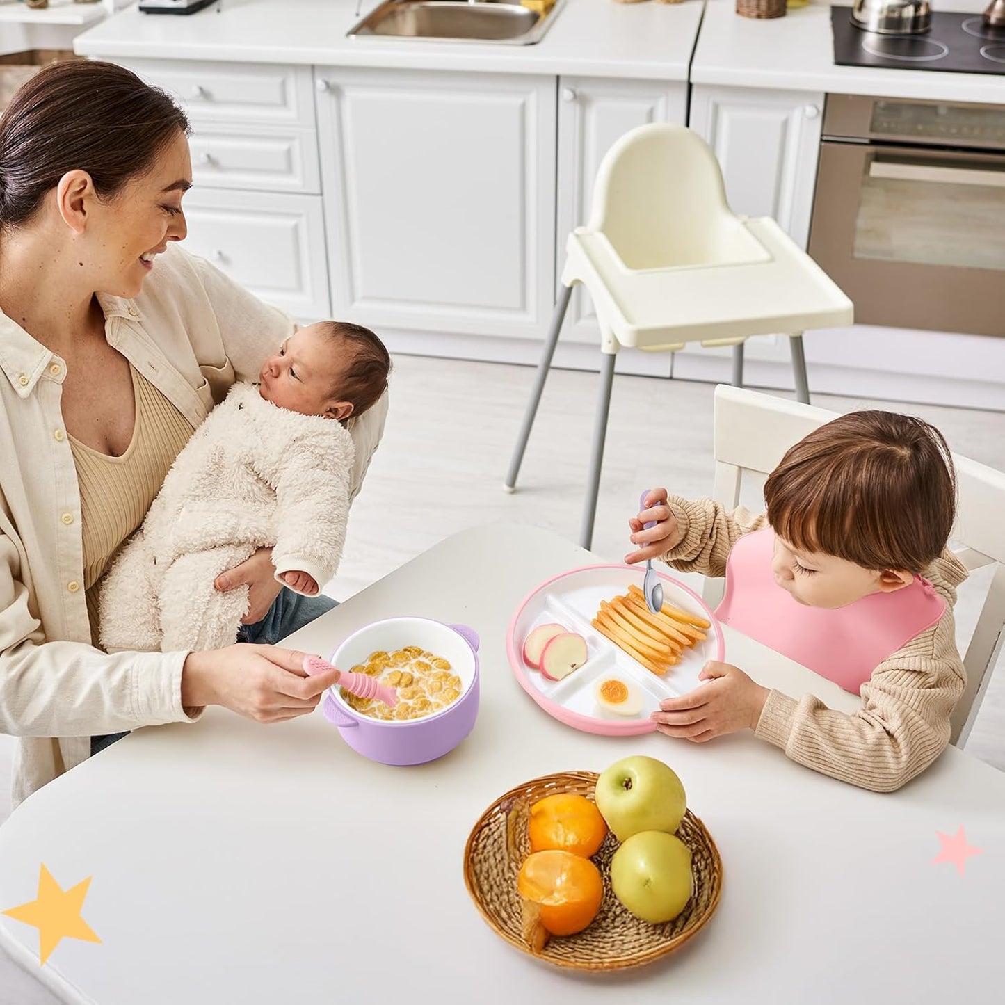 Teenyyou 9 Pcs Porcelain Kids Plates and Bowls Feeding Set with Suction, Ceramic Baby Toddler Divided Plates Silicone Sleeve Bowls Forks Spoons Cup Bib Microwave Dishwasher Safe(Pastels)