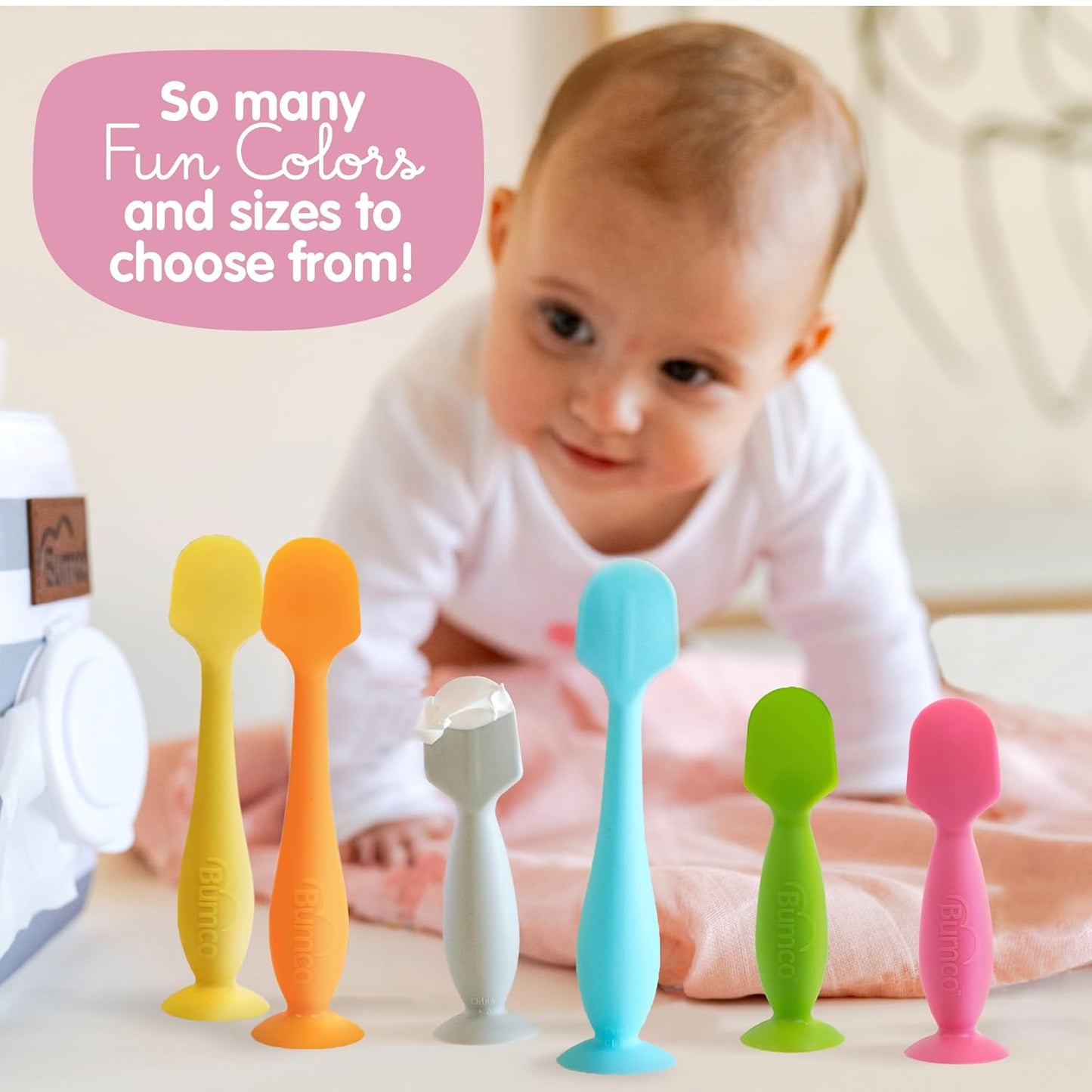 Bumco Mini Baby Diaper Cream Spatula with Case - BPA-Free Silicone Diaper Spatula with Suction Cup, Wipe-Clean Baby Bum Brush, Mom-Invented Butt Paste Applicator (Blue)