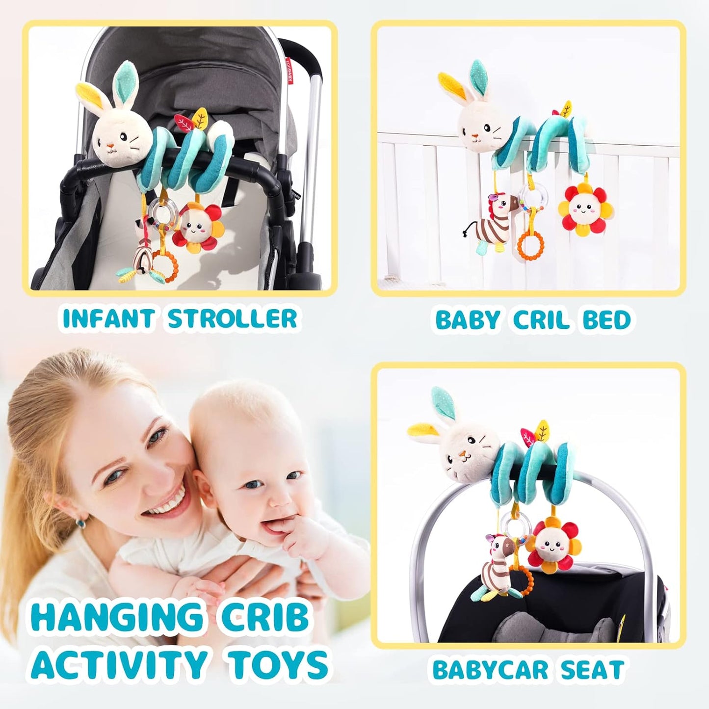 Koty Car Seat Toys, Infant Baby Spiral Plush Activity Hanging Toy for Stroller Bar Pram Crib with Music Box BB Squeaker & Rattles(Black Fox)