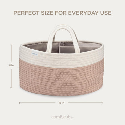 Comfy Cubs Rope Diaper Caddy Organizer 8.5" x 15" x 8" - Large Baby Diaper Basket with 3 Spacious Compartments - Stylish Cotton Baby Caddy Organizer for Diapers, Wipes & Essentials - Pacific Blue