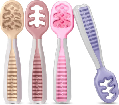 NumNum Baby Spoons Set, Baby Essentials Pre-Spoon GOOtensils for 6+ Months, First Stage Self-Feeding Spoons for Baby Led Weaning (BLW), Silicone Toddler Utensils, BPA-Free, 2 Pack Gray/Green