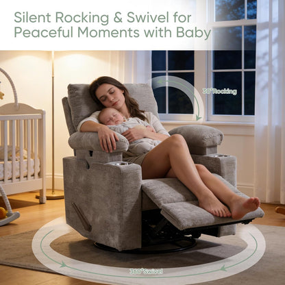 Rocking Chair Nursery with Adjustable Armrest for Breastfeeding, Glider Recliner Nursery Chair with Massage and Heat, Power Swivel Rocker Recliner with Adjustable Headrest, Corduroy, Beige