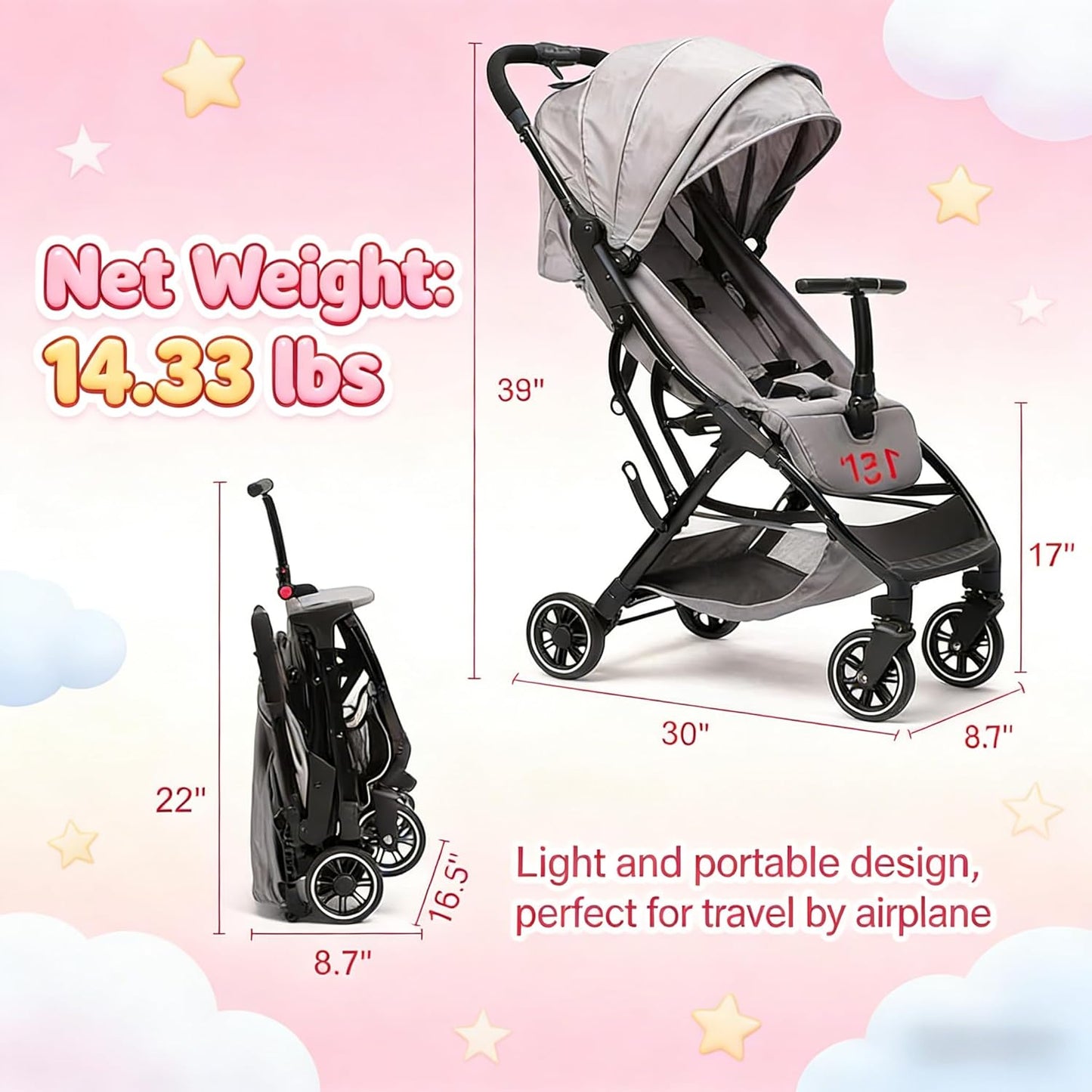 COOL KIDS Portable Stroller with Automatic Fold,Lightweight Umbrella Stroller with Pop Out Sun Canopy,Compact for Travel(Pink)