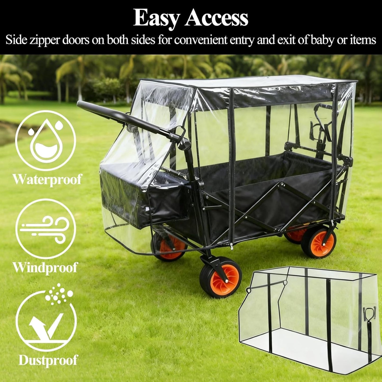 Wagon Rain Cover,Waterproof Sun Collapsible Cart Canopy Shade Wagons Attachment Sandproof Windproof UV-Resistan Carts Removable Protective,Clear Plastic,for Outdoor Camping Picnic Beach Garden Use