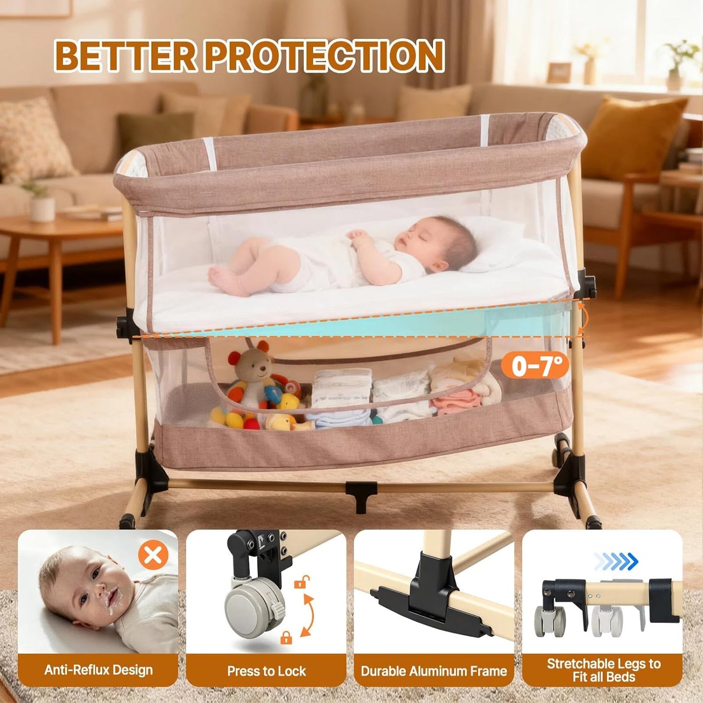 Baby Bassinet Bedside Sleeper, 3-in-1 Bedside Bassinet, 5 Height Adjustable Rocking Baby Crib, Breathable Full Mesh, Mosquito Net, Storage Basket, Stable and Secure Bassinets for Newborn (Pink)