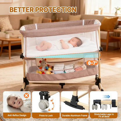 Baby Bassinet Bedside Sleeper, 3-in-1 Bedside Bassinet, 5 Height Adjustable Rocking Baby Crib, Breathable Full Mesh, Mosquito Net, Storage Basket, Stable and Secure Bassinets for Newborn (Pink)