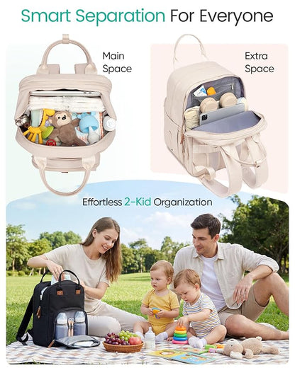 Qualyphant Extra Large Diaper Bag Backpack for Two Kids Twins - Expandable Baby Bag (26-36L), Dual Big Compartments - Includes Changing Pad & Stroller Straps, Unisex Beige
