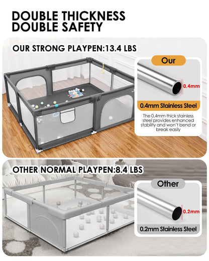Baby Playpen with Mat, 71" x 59" Extra Large Play Yard for Babies and Toddlers, Baby Fence with Soft Thick Play Mat, Indoor Safety Activity Center for Infants, Easy to Assemble and Clean（Gray）