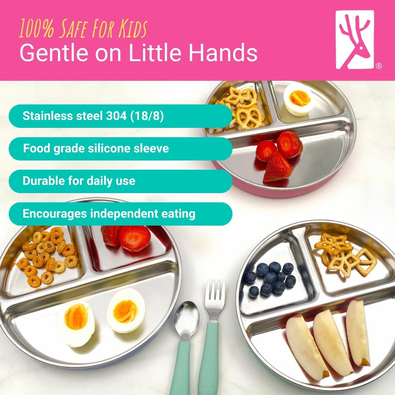 Elk and Friends Stainless Steel Divided Plates with Silicone Sleeve for Babies & Toddlers | Lids Included | Stay Put Suction | Dinner & Snack Plates | 4 Pack