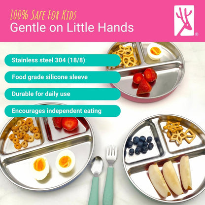 Elk and Friends Stainless Steel Divided Plates with Silicone Sleeve for Babies & Toddlers | Lids Included | Stay Put Suction | Dinner & Snack Plates | 4 Pack