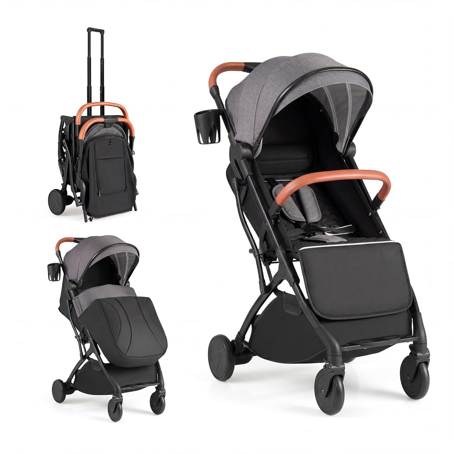 HONEY JOY Lightweight Baby Stroller, Compact Travel Stroller w/Aluminum Frame, Footmuff, EVA Wheels w/Spring Suspension, Multi-Position Recline, One-Hand Fold Luggage Handle for Toddlers (Gray)