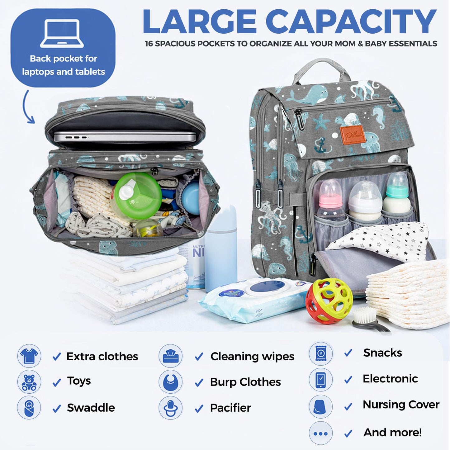PILLANI Baby Diaper Bag Backpack - Large Waterproof Travel Diaper Bag for Boys & Girls, 16 Organizer Pockets with Changing Pad, Insulated Bottle Pockets & Stroller Straps, Baby Shower Gifts, Dinosaur