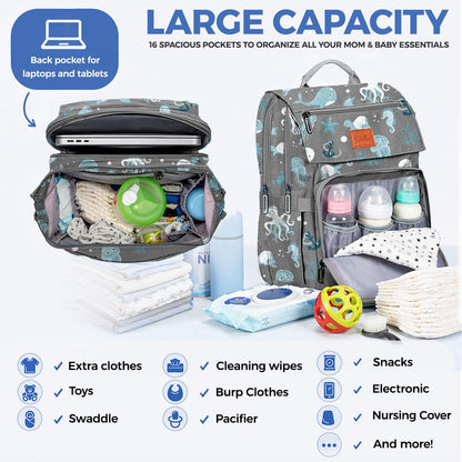 PILLANI Baby Diaper Bag Backpack - Large Waterproof Travel Diaper Bag for Boys & Girls, 16 Organizer Pockets with Changing Pad, Insulated Bottle Pockets & Stroller Straps, Baby Shower Gifts, Dinosaur