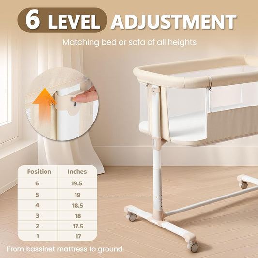 Kinder King Baby Bassinet Bedside Sleeper, Newborn Baby Bedside Crib w/Wheels, All-Sided Mesh, Adjustable Height, Removable Soft Mattress, No Tool to Assemble, Grey