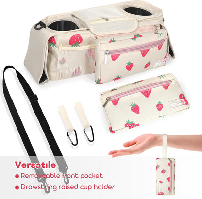 Universal Stroller Organizer with Insulated Cup Holders and Detachable Phone Bag,Stroller Caddy Fits for Stroller Accessories like Uppababy, Baby Jogger, Doona, Nuna Stroller (Green Square grid)