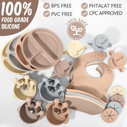 Yinder 32 Pack Silicone Baby Feeding Set Baby LED Weaning Supplies Includes Suction Divided Plates Soft Bowl Spoons Forks Adjustable Bib Snack Cup with Lid and Straws (Soft Color)