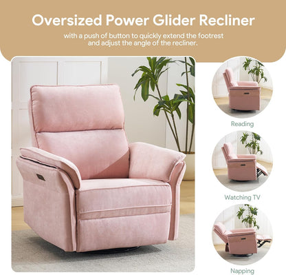 Oversized Swivel Rocker Recliner with Adjustable Headrest, Rocking Chair Nursery with Overstuffed Armrest, Manual Rocker Recliner Nursery Chair for Living Room, White