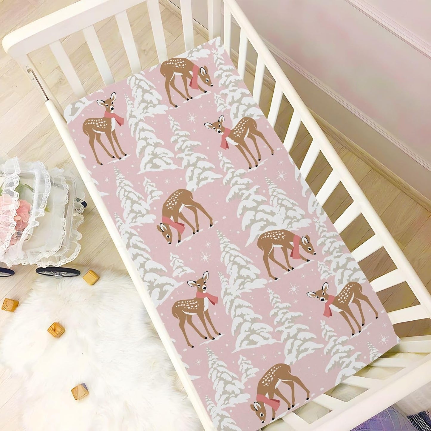 Fitted Crib Sheets White Bears with Clouds Stretchy Portable Playard Sheets for Baby Toddler, Breathable Soft Mini Crib Mattress 39 x 27 in for Boys and Girls