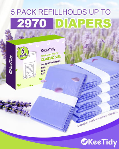 Diaper Pail Refills Compatible with Dekor Classic & Eko Classic, 5 Pack Lavender Scented Diaper Trash Bags, Extra 30% Thickness Leak-Proof Continuous Liners for Nursery & Pet Waste, Holds 2970 Diapers