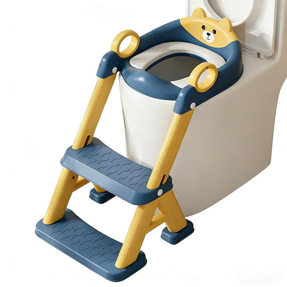Kids Potty Training Toilet Seat with Step Stool Ladder, Bear Design, Adjustable Height, Non-Slip Steps, Soft PVC Cushion Seat with Handles (A-Pink)
