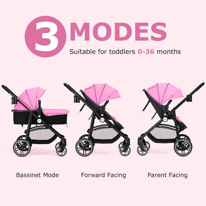 INFANS 2 in 1 Baby Stroller, High Landscape Infant Stroller & Reversible Bassinet Pram, Foldable Pushchair with Adjustable Canopy, Storage Basket, Cup Holder, Suspension Wheels (Black)