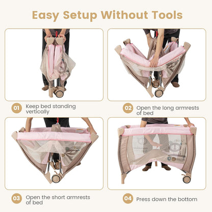 Costzon 3 in 1 Pack and Play with Bassinet, Portable Baby Playard with Changing Table, Music Box, Whirling Toys, Wheels/Brake, Basket, Foldable Infant Bassinet Crib for Baby Toddlers Indoor Outdoor