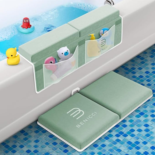 Comfortable Bath Kneeler and Elbow Kneeling Rest Pad for Baby Bathing Parents - Painless Foam Mat with Toy Organizer Pockets - Quick Drying, Foldable, Non-Slip for Baby and Toddler Bathing - Green
