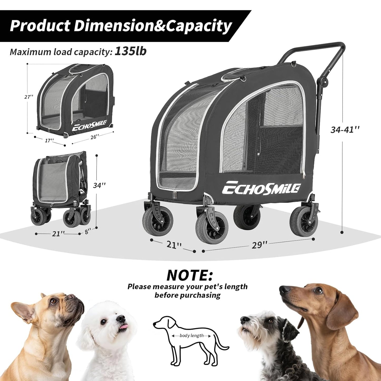 EchoSmile 4 Wheels Pet Stroller, Dog & Cat Stroller for All-Season, Lightweight Carrier with Storage Basket, Adjustable Handle, Removable Pad, Breathable Mesh, Up to 135 lbs, Grey