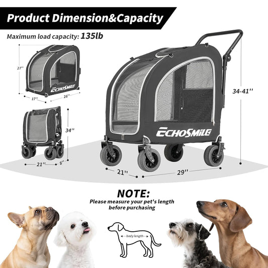 EchoSmile 4 Wheels Pet Stroller, Dog & Cat Stroller for All-Season, Lightweight Carrier with Storage Basket, Adjustable Handle, Removable Pad, Breathable Mesh, Up to 135 lbs, Grey