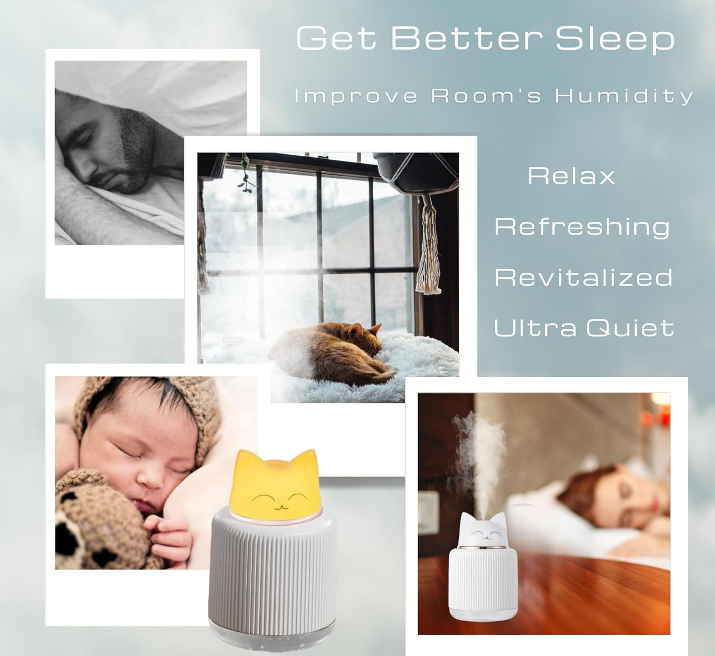 Mini Portable Ultrasonic Cat Humidifier for Bedroom Baby Car Desk. Cute Cool Mist Small Air Humidifier with USB for Home Office Travel Nursery Pet Plant. Silent & Auto Shut-off - ASTROVIS (White)