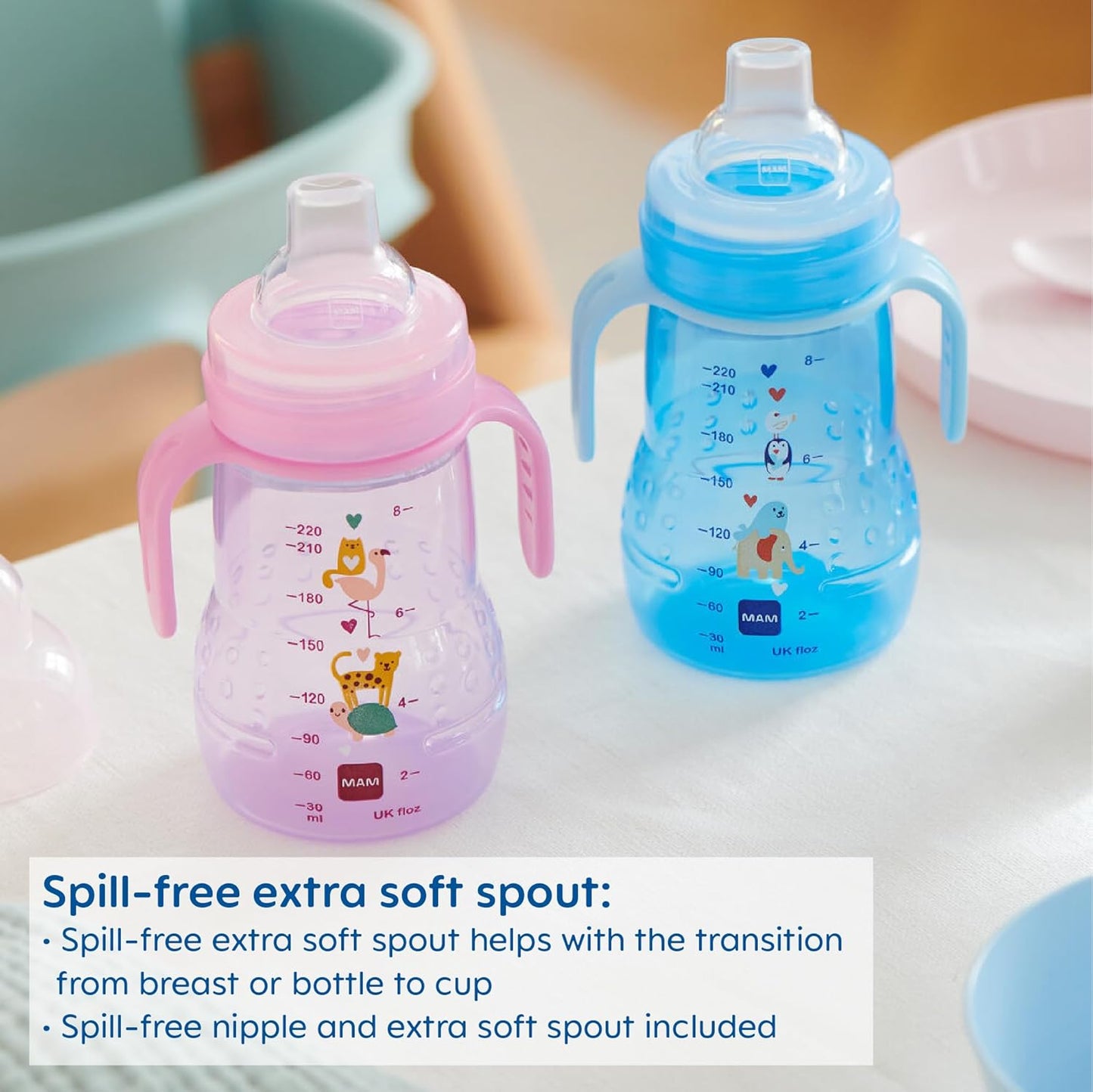 MAM 8 oz Trainer + Sippy Cup 2-Pack, 4+ Months 2-in-1 Baby Training Cup with Nipple & Silicone Spout, Spill Proof, BPA Free, Dishwasher Safe, Made In Europe