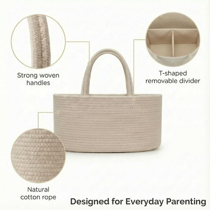 luxury little Diaper Caddy Organizer, Large Cotton Rope Nursery Baby Basket, Changing Table Organizer for Baby Diaper Storage, Portable Car Organizer Removable Divider (Off White, Large)