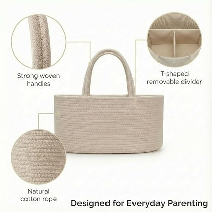 luxury little Diaper Caddy Organizer, Large Cotton Rope Nursery Baby Basket, Changing Table Organizer for Baby Diaper Storage, Portable Car Organizer Removable Divider (Oatmeal, Large)