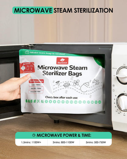 dearlomum Microwave Steam Sterilizer Bag for Baby Bottles 8 Count (20 Uses Per Bag), Reusable Travel Sterilization Pouches, Disinfection Container for Baby Pacifiers and Breast Pump Accessories