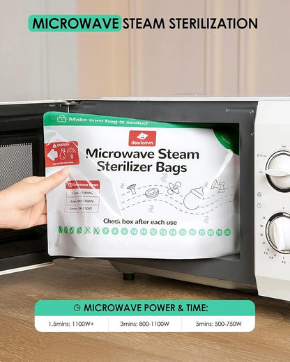 dearlomum Microwave Steam Sterilizer Bag for Baby Bottles 20 Count (20 Uses Per Bag), Reusable Travel Sterilization Pouches, Disinfection Container for Baby Pacifiers and Breast Pump Accessories