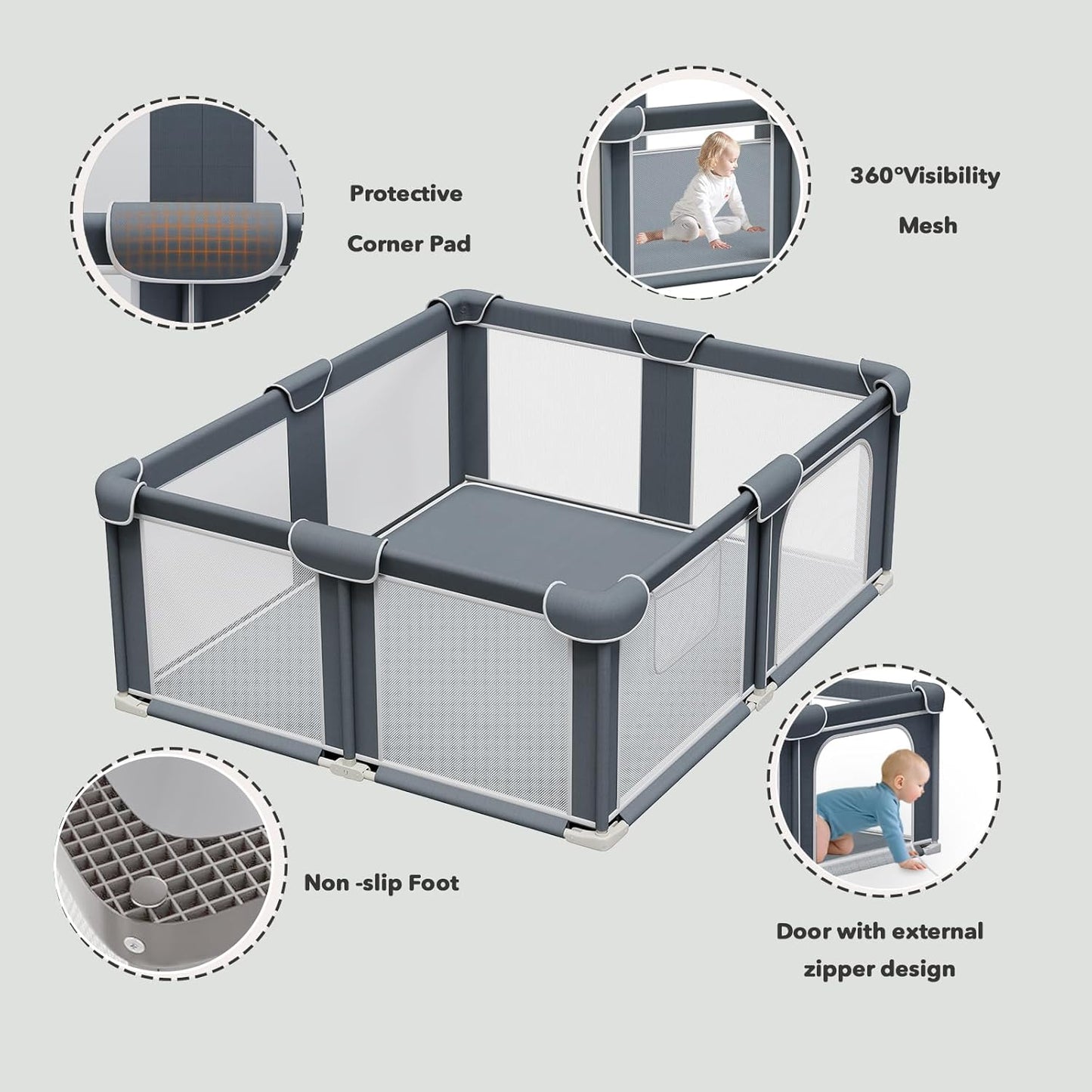 G TALECO GEAR Foldable Playpen for Babies and Toddlers, 71"x79" Portable Play Yard with Mat, Kids Collapsible Play Pen with Sturdy Metal Frame & Mesh Walls, Indoor & Outdoor Baby Fence Play Area