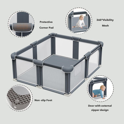 G TALECO GEAR Foldable Playpen for Babies and Toddlers, 71"x79" Portable Play Yard with Mat, Kids Collapsible Play Pen with Sturdy Metal Frame & Mesh Walls, Indoor & Outdoor Baby Fence Play Area