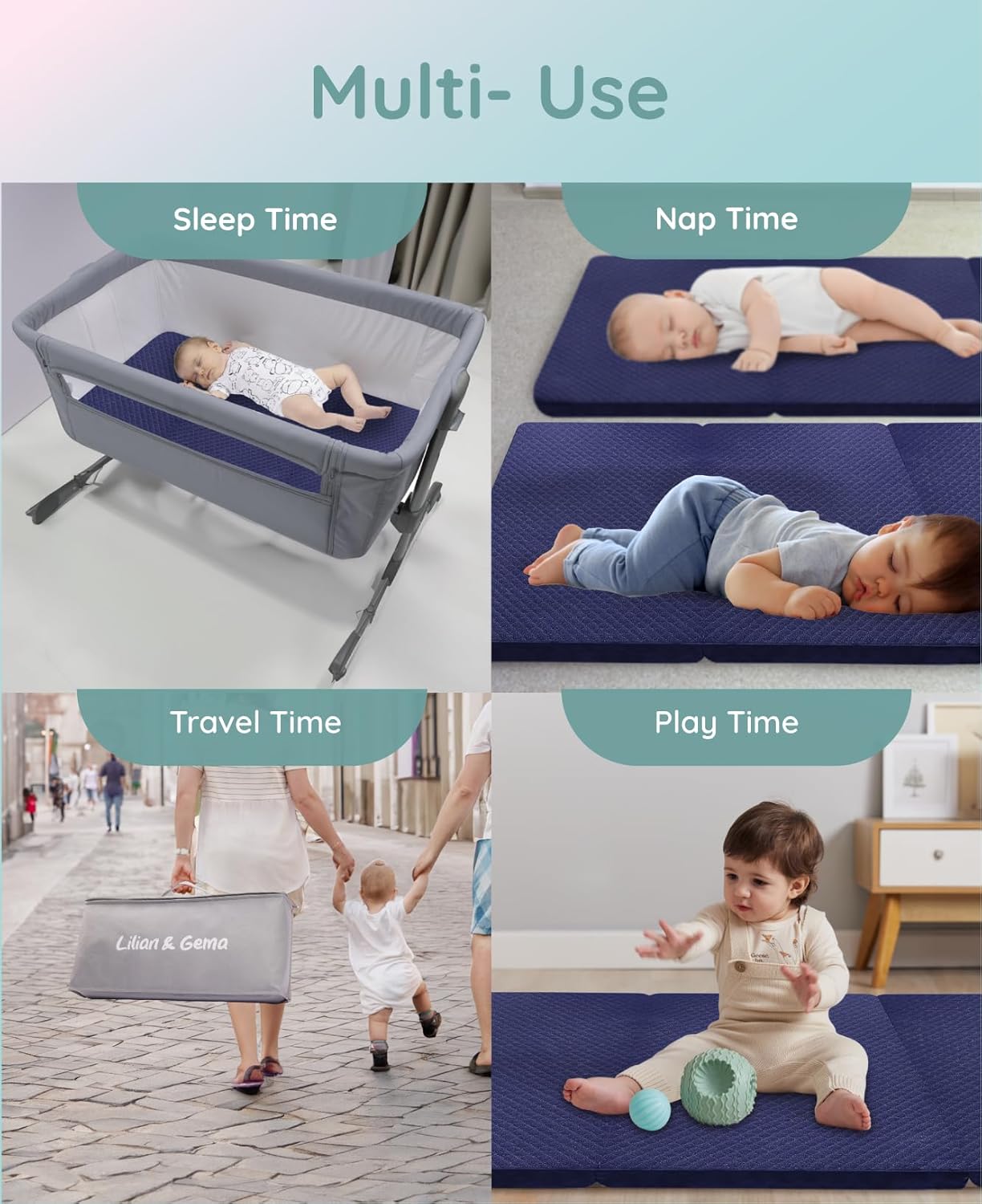 Lilian&Gema Pack and Play Mattress 38"x26"x1.5", Pack N Play Mattresses Pad for Play Pen and Playard, Premium Foam Playpen Mattress Topper with Washable Cover & Traveling Bag for Baby Toddler