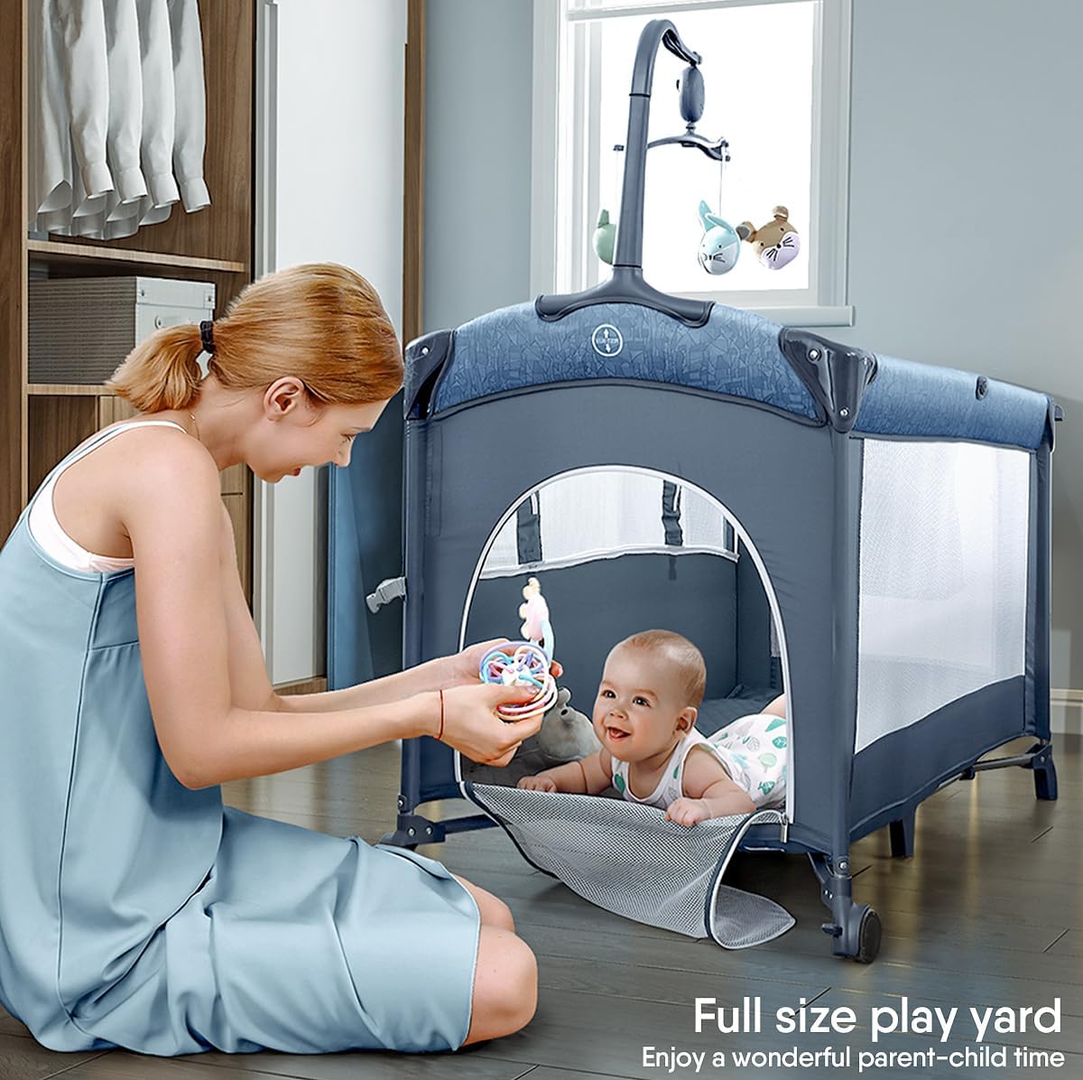 BabyBond Baby Bassinet Bedside Crib, Pack and Play with Sheet, Diaper Changing Table and Music Mobile from Newborn to Toddles, Portable Large Playard