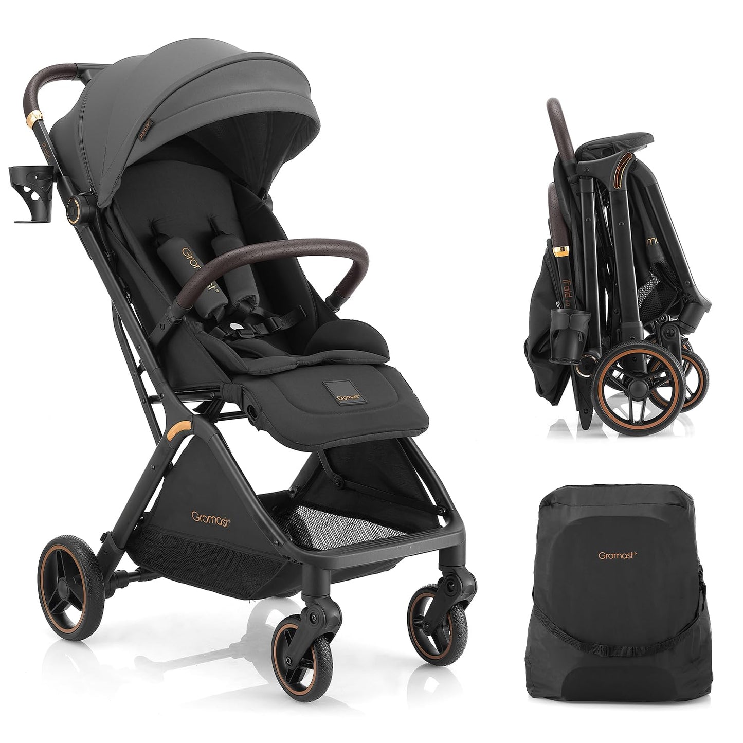 Gromast Gravity Folding Baby Stroller - Portable Travel Toddler Stroller w/Adjustable Backrest, Canopy & Cup Holder, Lightweight and UV Protected, One-Hand Automatic Folding - Green