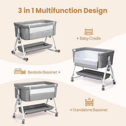 JOYMOR 3 in 1 Baby Bassinet, Bedside Bassinet for Baby, with Comfy Mattress and Wheels, 6 Height Adjustable Easy Folding Portable Bedside Crib for Newborn (Black)