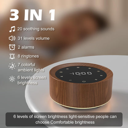 White Noise Machine with Alarm Clock & Night Light for Babies and Adults, 20 Soothing Sounds, Glare-Free Upward Display, Touch Control, Memory Function, 5 Sleep Timers, Black