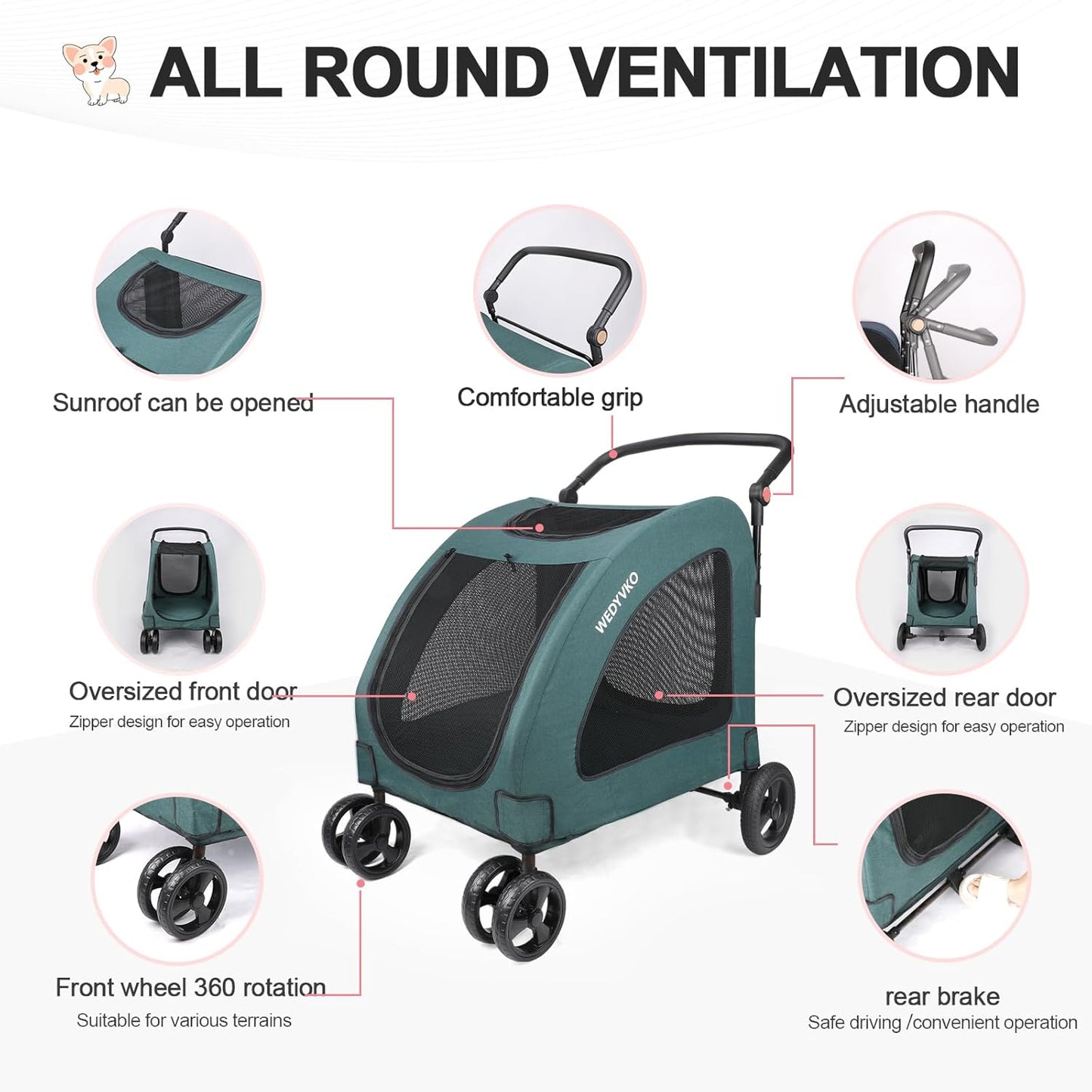 Large Dog Travel Stroller with 4 Heavy Duty Wheels Pet Stroller with Adjustable Handle - Double Doggie Capacity Jogger Wagon with Back Front Door for Small Medium Large Dogs (Dark Light Gray)