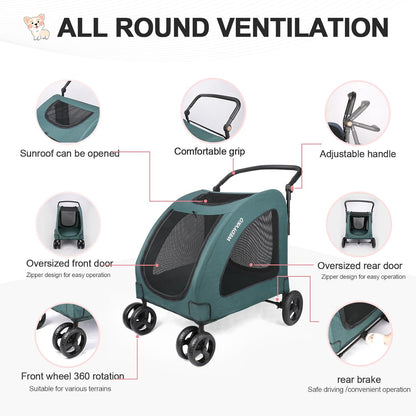 Large Dog Travel Stroller with 4 Heavy Duty Wheels Pet Stroller with Adjustable Handle - Double Doggie Capacity Jogger Wagon with Back Front Door for Small Medium Large Dogs (Dark Light Gray)
