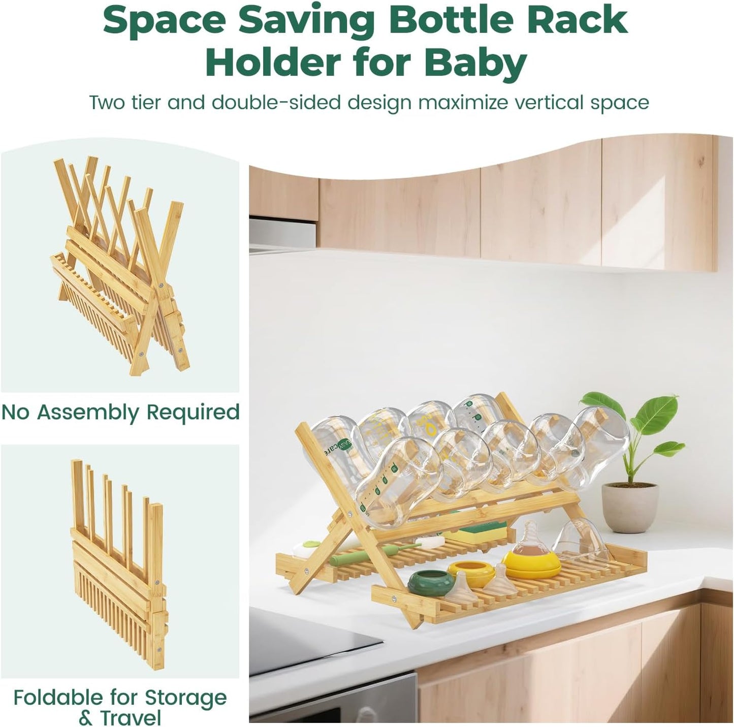 EsLuker.ly Baby Bottle Drying Rack Bamboo Vertical Dryer Holder, Space Saving for 12 Milk Glass Bottle Countertop, Wooden Drain Stand Shelf for New Parents
