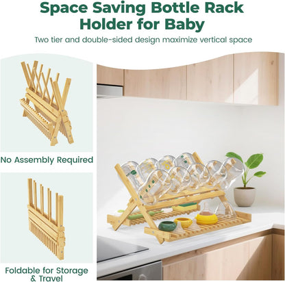 EsLuker.ly Baby Bottle Drying Rack Bamboo Vertical Dryer Holder, Space Saving for 12 Milk Glass Bottle Countertop, Wooden Drain Stand Shelf for New Parents