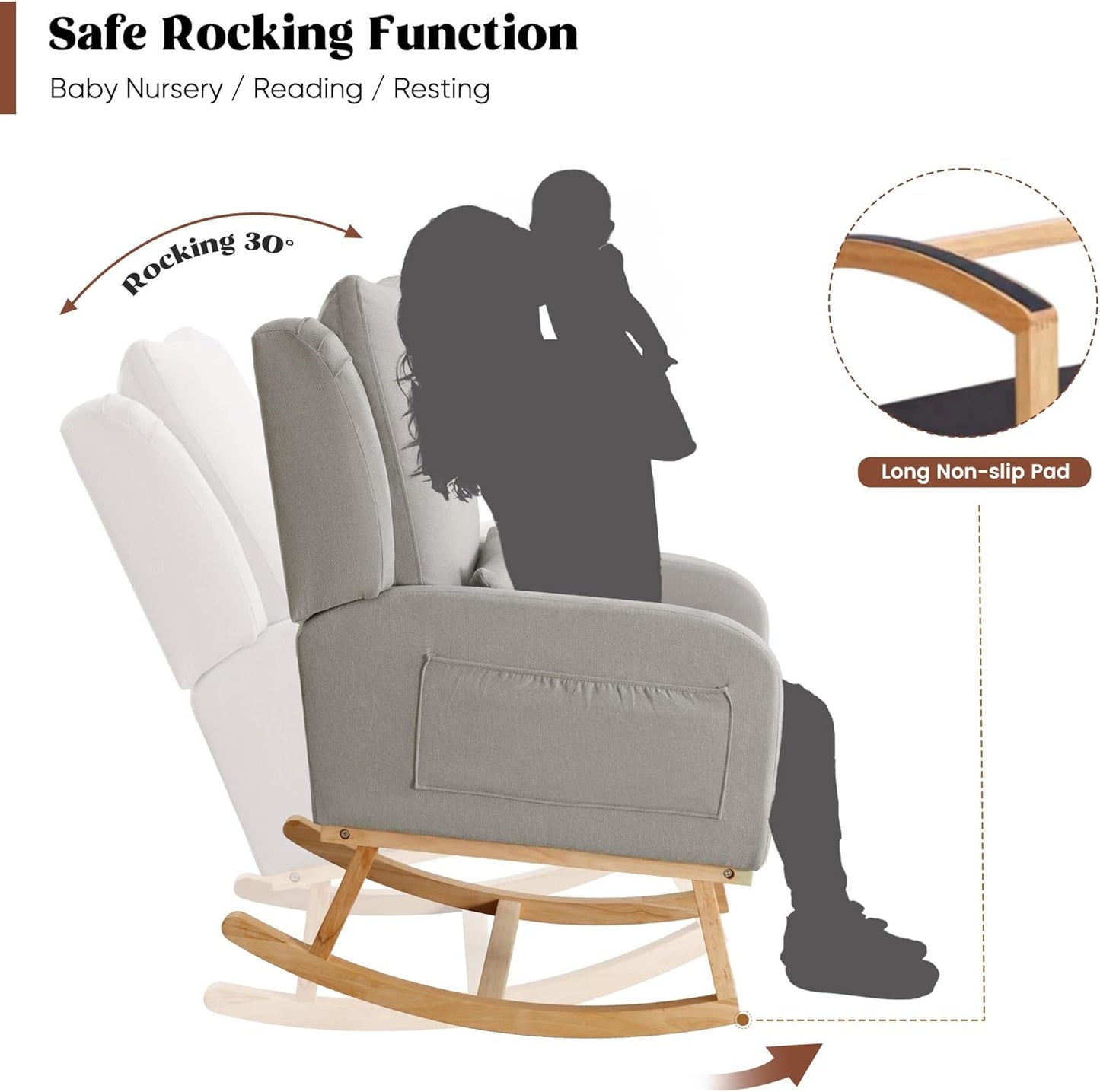 HCHAIRH Rocking Chair Nursery, Sherpa Nursing Rocking Chairs, Upholstered Nursery Glider Rocker for Mom Nursery Morden Accent Rocking Chair Pillow for Living Room,Bedroom,Teddy Light Grey