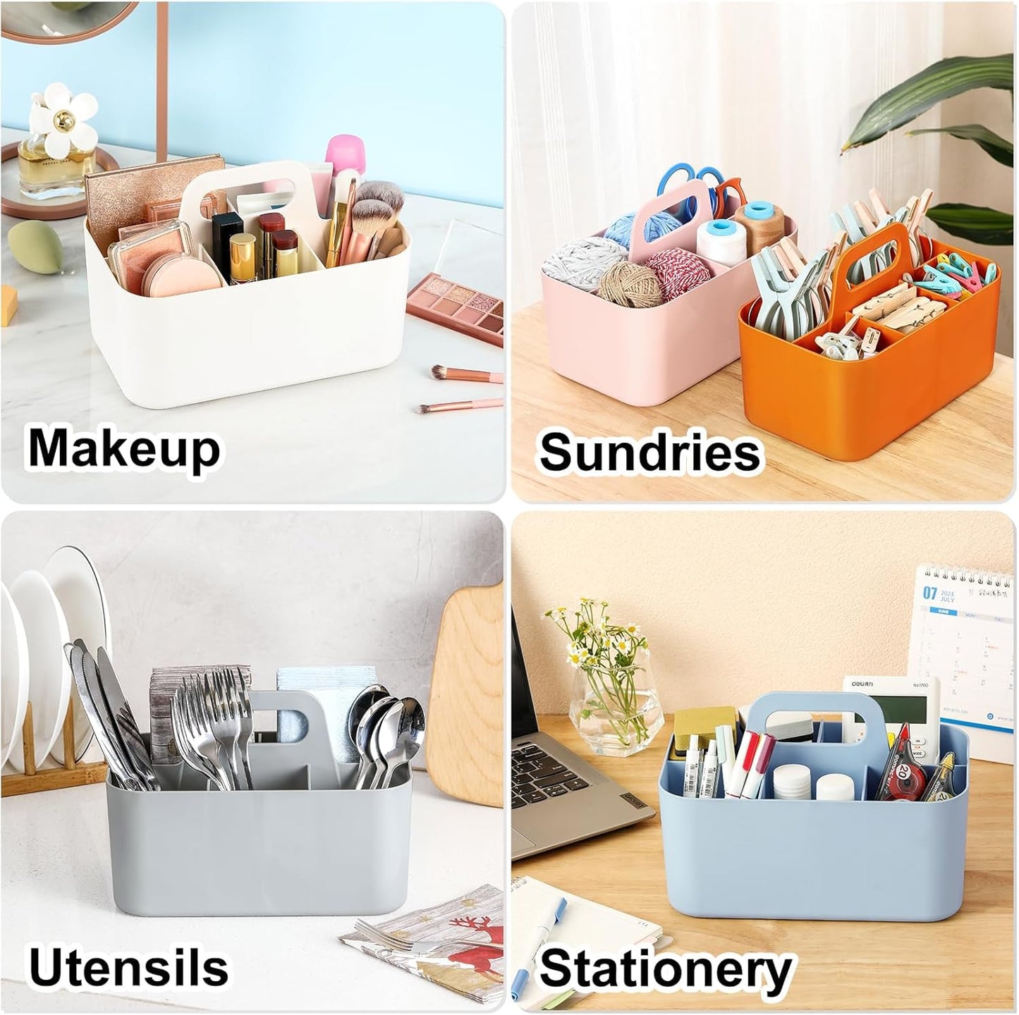 Multiuse Caddy Organizer with Handle, Portable Divided Plastic Tote Bin - Art Craft, Stationary Pen Marker Crayons, Makeup Hair Supplies Storage - Bathroom, Classroom, Dorm, Office, Desk Holder - Pink