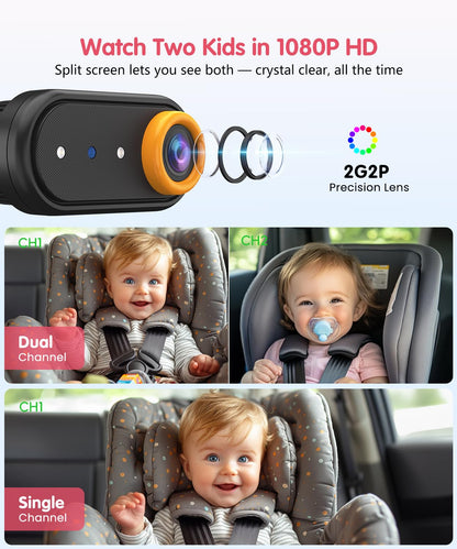LUCKVIEW BM2 PRO Dual Baby Car Camera, 5.2" 1080P HD Display for Rear-Facing Car Seats, IR Night Vision, Anti-Shake Mount, Easy Install – Ideal for Parents with 2 Kids and Pets (Blue)